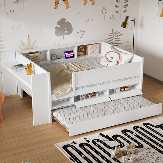 Multi-Functional Twin Daybed with Drawers and Trundle,  Headboard Storage and Tables, USB Charging Station, White