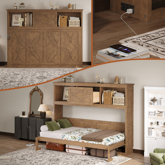 Twin Size Murphy Bed with Charging Station and a Drawer, Wood Color