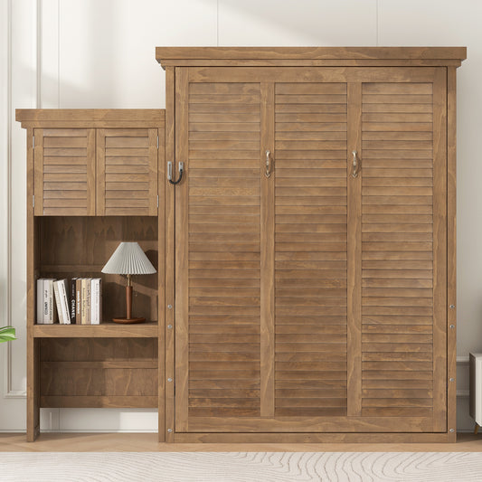Queen Size Murphy Bed with Multiple Storage Shelves and Louvered Style Decoration, Wood Color(Expected Arrival Time: 9.3)