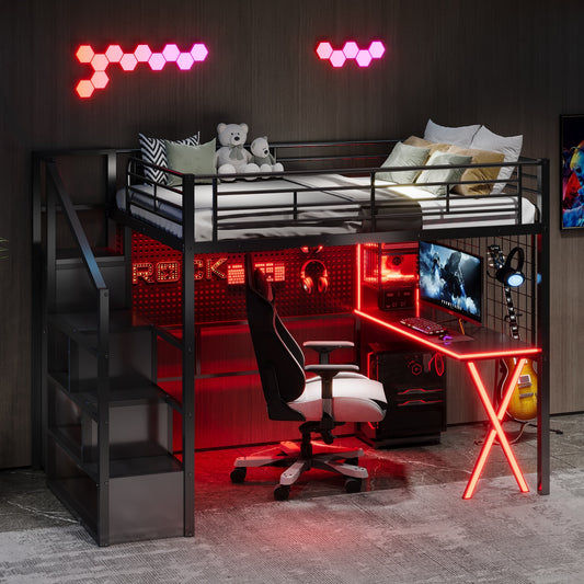 Full Size Metal Loft Bed with Built-in Work Station, Wardrobe, Storage Staircase and LED, Black(Expected Arrival Time: 8.18)