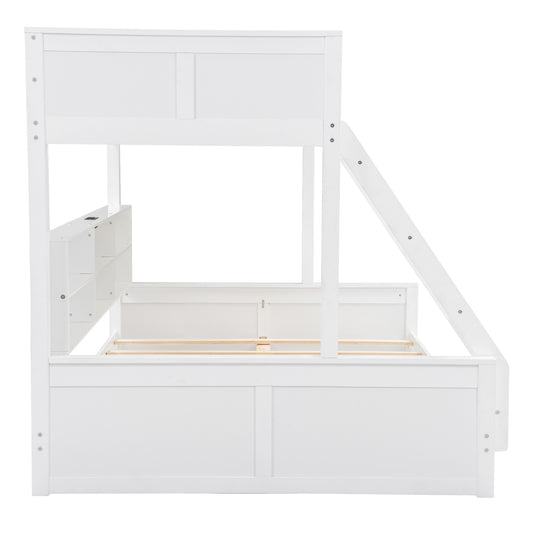 Twin XL over Queen Bunk Bed with Storage Cabinets and USB Ports, Antique White