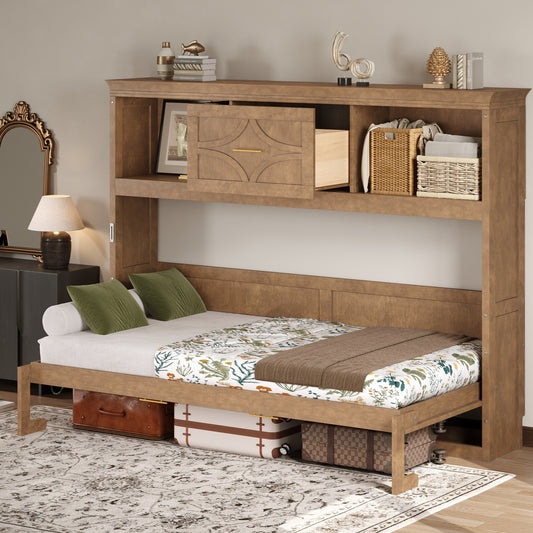 Twin Size Murphy Bed with Charging Station and a Drawer, Wood Color