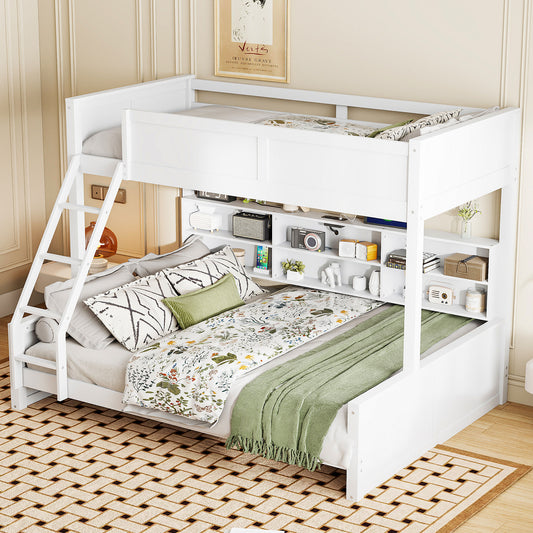 Twin XL over Queen Bunk Bed with Storage Cabinets and USB Ports, Antique White