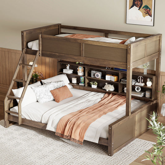 Twin XL over Queen Bunk Bed with Storage Cabinets and USB Ports, Antique Wood Color