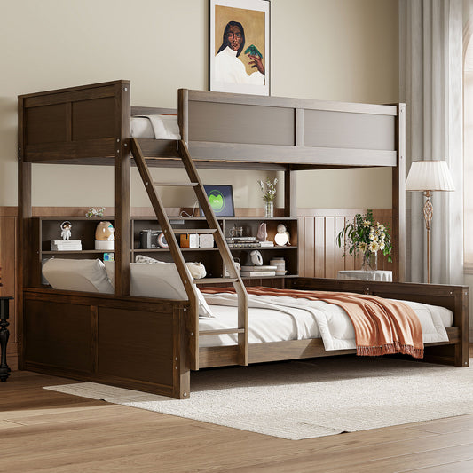 Twin XL over Queen Bunk Bed with Storage Cabinets and USB Ports, Antique Wood Color