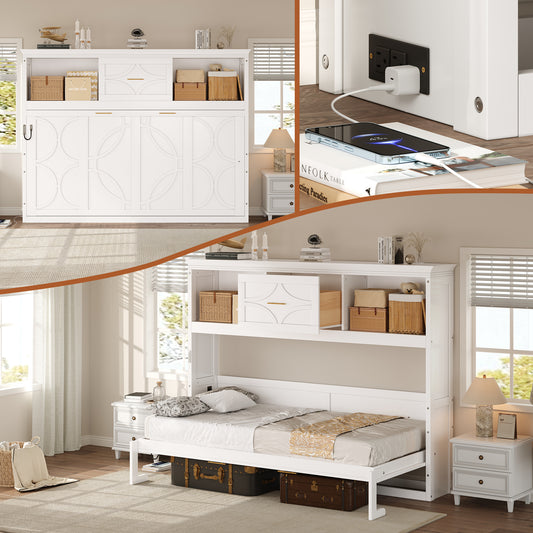 Twin Size Murphy Bed with Charging Station and a Drawer, White