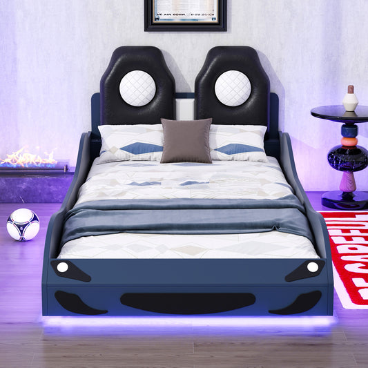 Wood Twin Size Race Car-Shaped Platform Bed with LED and Upholstered Backrest, Blue