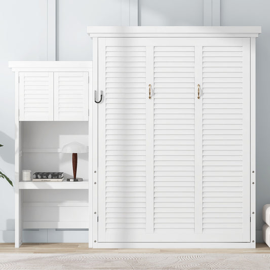 Queen Size Murphy Bed with Multiple Storage Shelves and Louvered Style Decoration, White (Expected Arrival Time: 9.3)