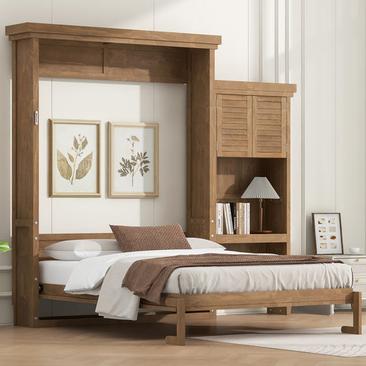 Queen Size Murphy Bed with Multiple Storage Shelves and Louvered Style Decoration, Wood Color(Expected Arrival Time: 9.3)