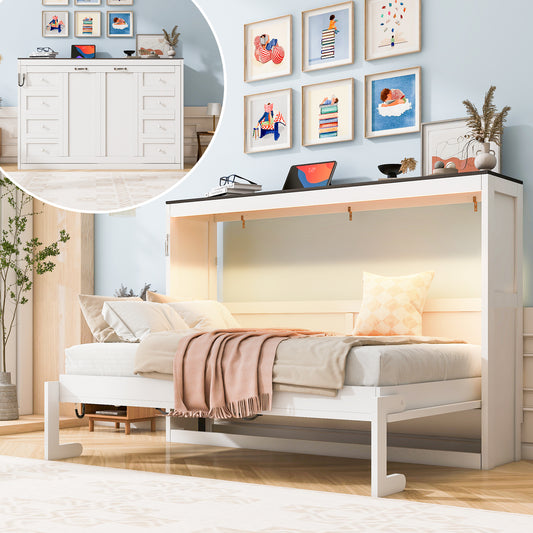 Twin Size Murphy Bed with LED Light,can be Folded into a Cabinet,Hidden Wall Bed Cabinet,White+Brown
