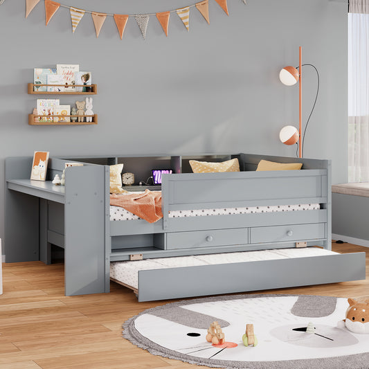 Multi-Functional Twin Daybed with Drawers and Trundle,  Headboard Storage and Tables, USB Charging Station, Gray