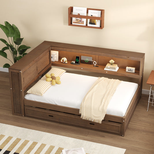 Full Size Wood Daybed with Storage Shelves, USB, LED, and Trundle, Antique Wood Color