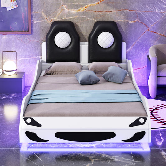 Wood Twin Size Race Car-Shaped Platform Bed with LED and Upholstered Backrest, White