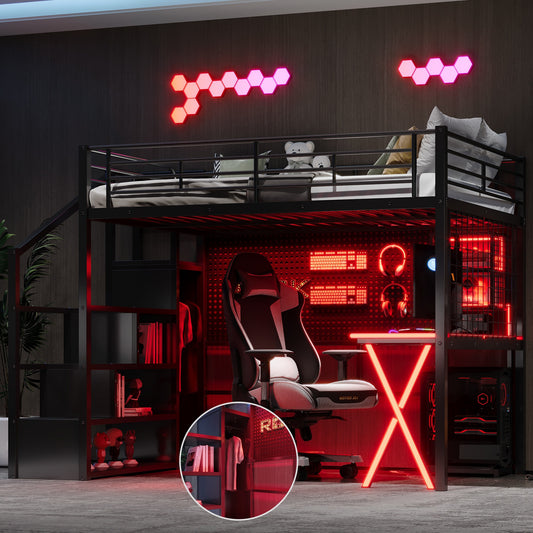Full Size Metal Loft Bed with Built-in Work Station, Wardrobe, Storage Staircase and LED, Black(Expected Arrival Time: 8.18)